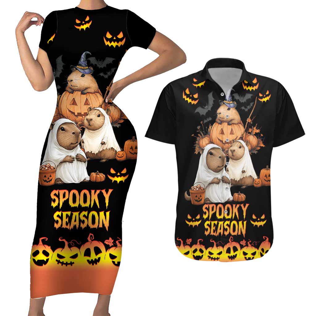 Capy-Boo-Ra Spooky Season Couples Matching Short Sleeve Bodycon Dress and Hawaiian Shirt LT9 - Wonder Print Shop