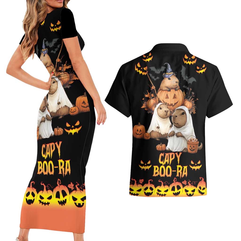 Capy-Boo-Ra Spooky Season Couples Matching Short Sleeve Bodycon Dress and Hawaiian Shirt LT9 - Wonder Print Shop