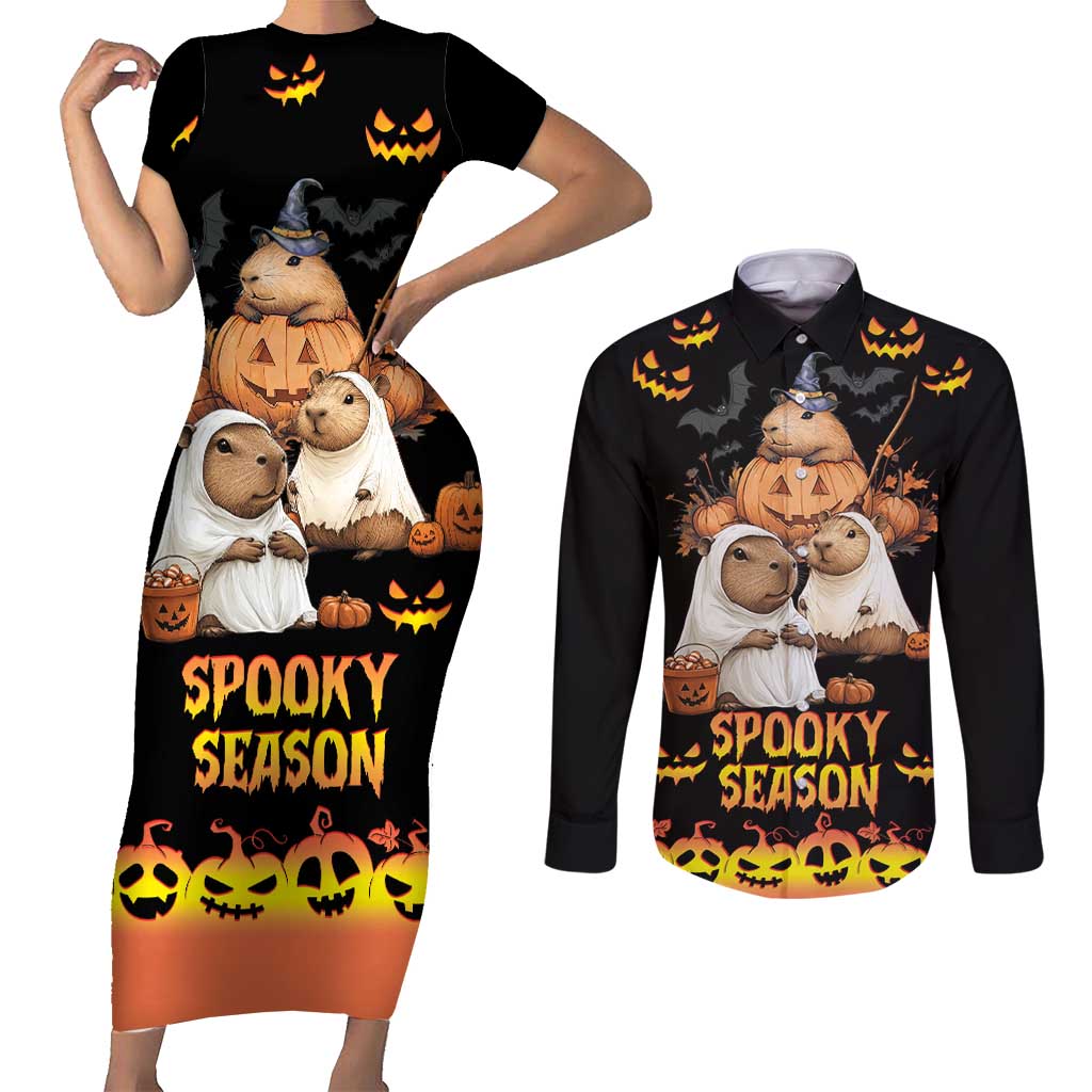 Capy-Boo-Ra Spooky Season Couples Matching Short Sleeve Bodycon Dress and Long Sleeve Button Shirt LT9 - Wonder Print Shop