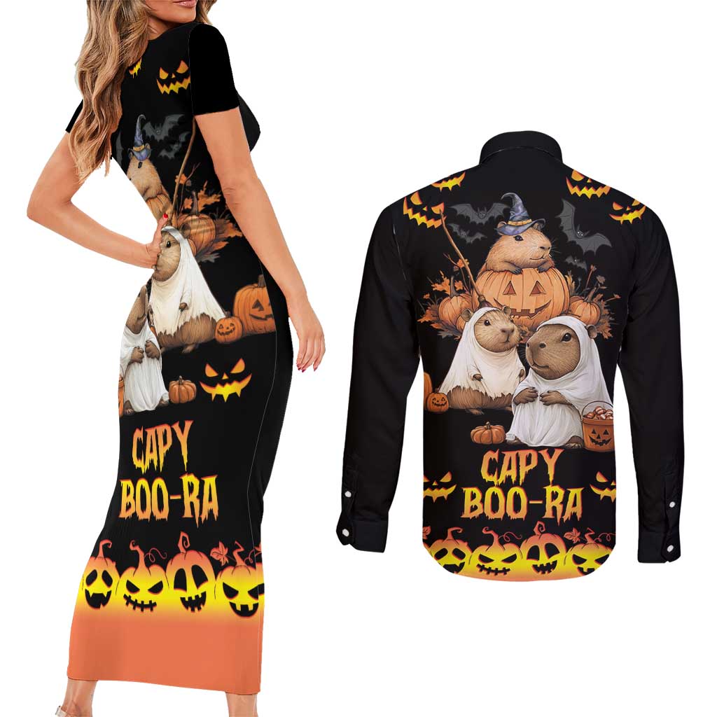 Capy-Boo-Ra Spooky Season Couples Matching Short Sleeve Bodycon Dress and Long Sleeve Button Shirt LT9 - Wonder Print Shop