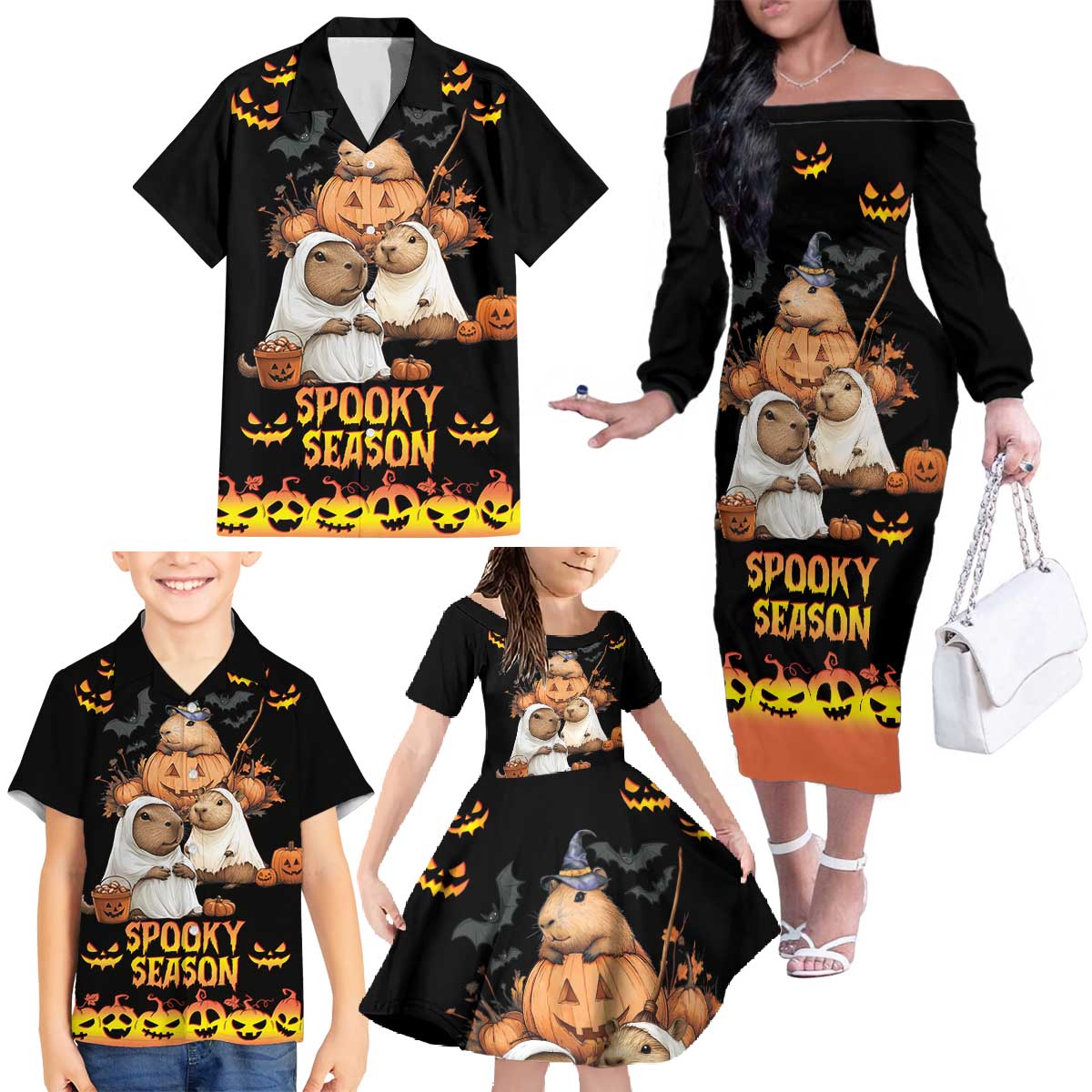 Capy-Boo-Ra Spooky Season Family Matching Off The Shoulder Long Sleeve Dress and Hawaiian Shirt - Wonder Print Shop