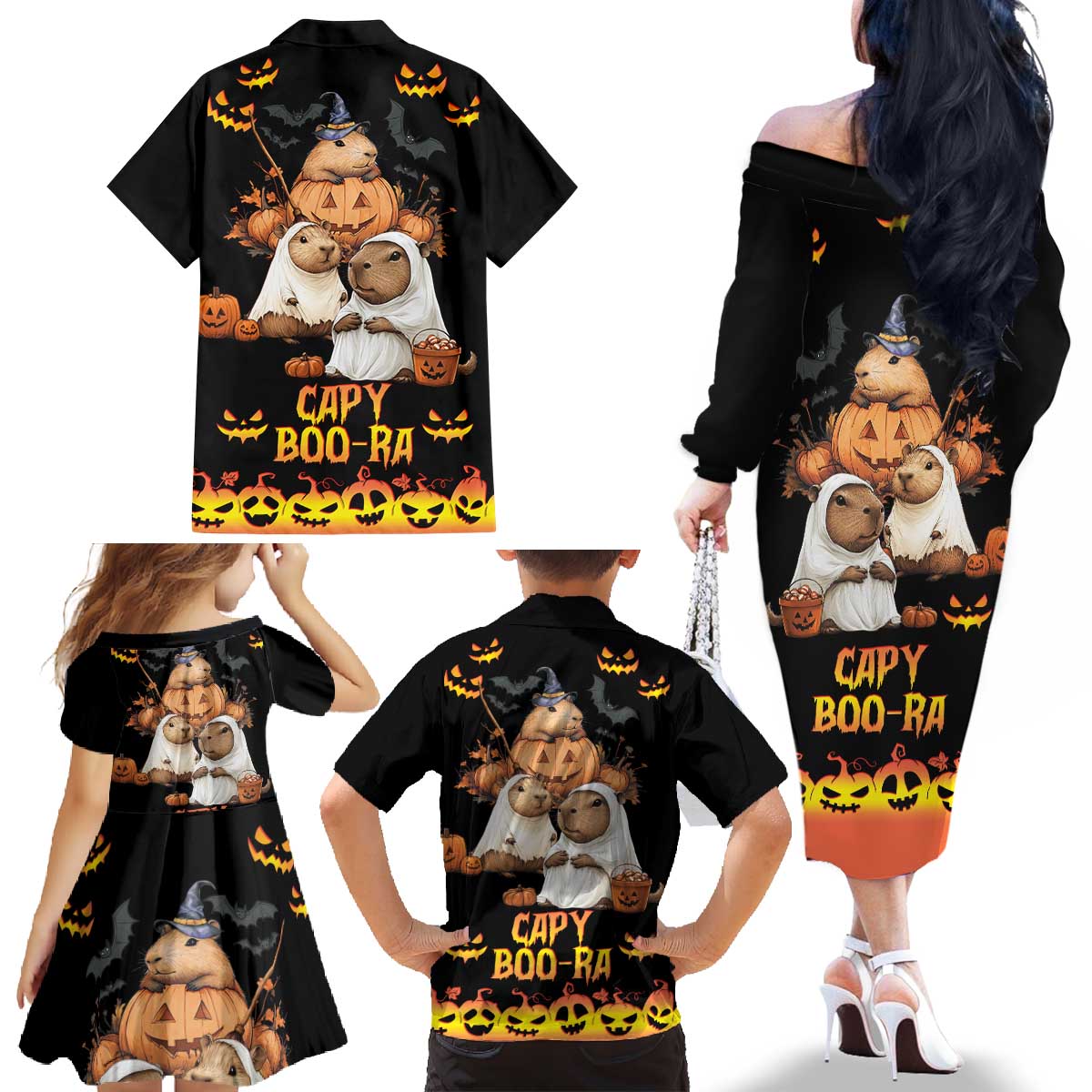 Capy-Boo-Ra Spooky Season Family Matching Off The Shoulder Long Sleeve Dress and Hawaiian Shirt - Wonder Print Shop