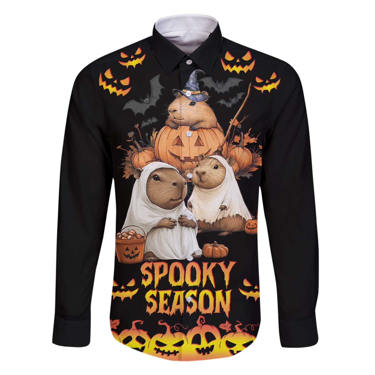 Capy-Boo-Ra Spooky Season Family Matching Off The Shoulder Long Sleeve Dress and Hawaiian Shirt - Wonder Print Shop