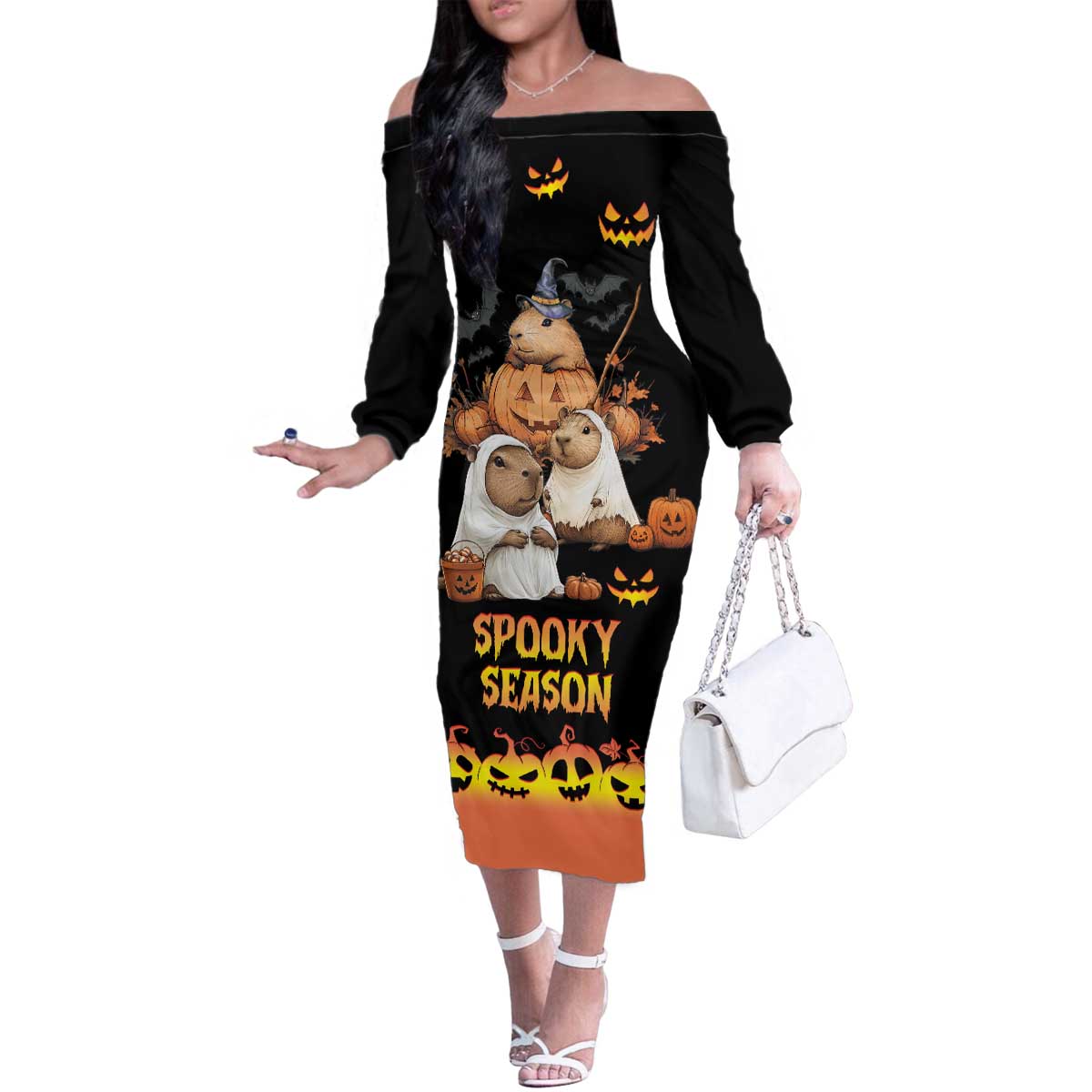 Capy-Boo-Ra Spooky Season Family Matching Off The Shoulder Long Sleeve Dress and Hawaiian Shirt - Wonder Print Shop