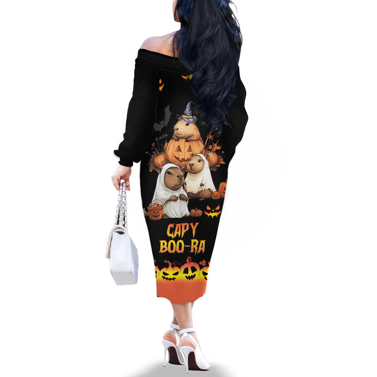 Capy-Boo-Ra Spooky Season Family Matching Off The Shoulder Long Sleeve Dress and Hawaiian Shirt - Wonder Print Shop