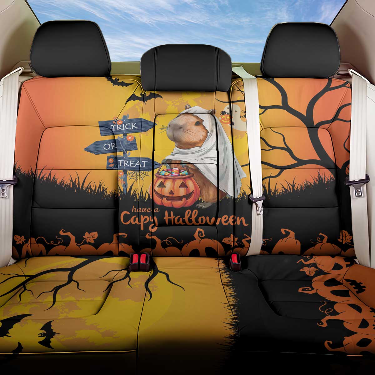 Happy Capy-Boo-Ra Back Car Seat Cover Capybara Ghost Trick or Treat LT9 - Wonder Print Shop