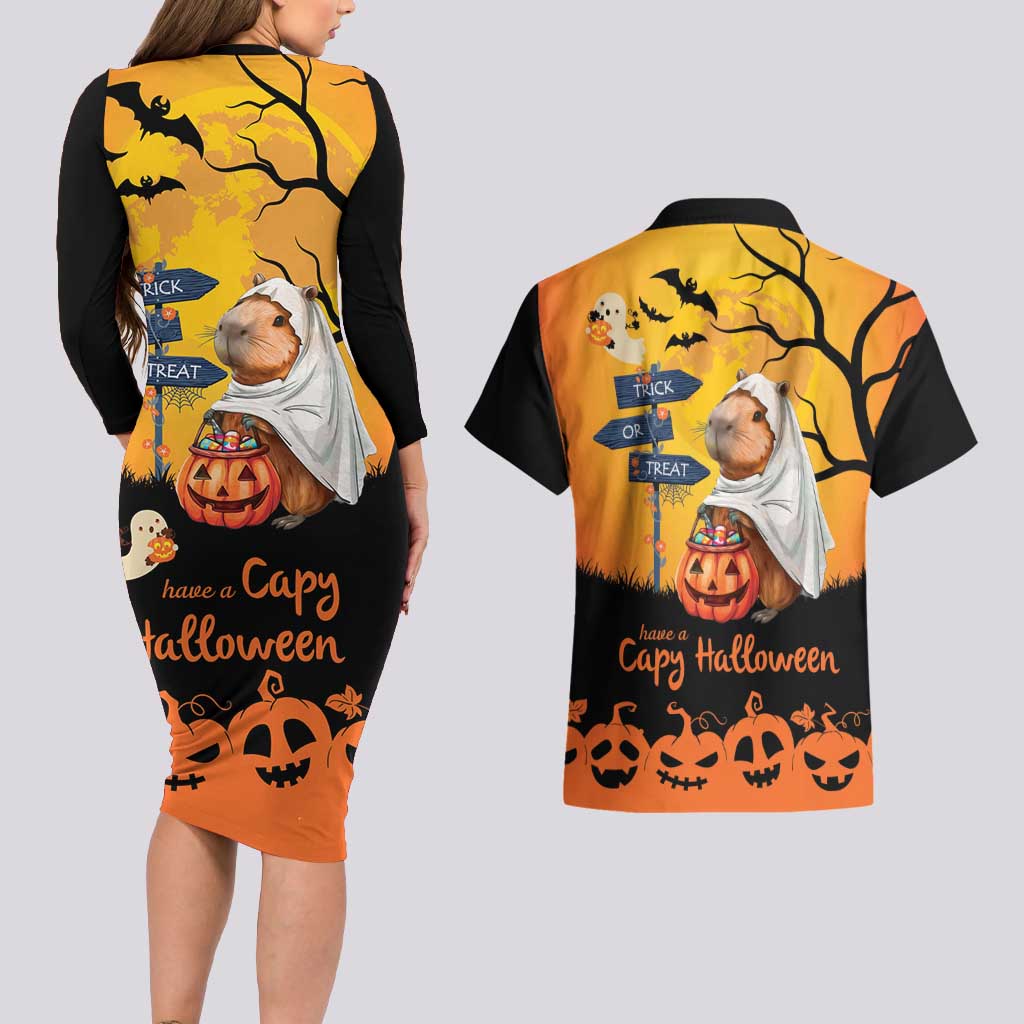 Happy Capy-Boo-Ra Couples Matching Long Sleeve Bodycon Dress and Hawaiian Shirt Capybara Ghost Trick or Treat LT9 - Wonder Print Shop
