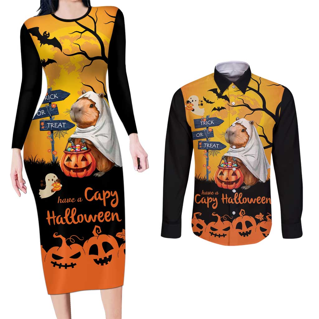 Happy Capy-Boo-Ra Couples Matching Long Sleeve Bodycon Dress and Long Sleeve Button Shirt Capybara Ghost Trick or Treat LT9 - Wonder Print Shop
