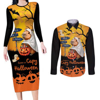 Happy Capy-Boo-Ra Couples Matching Long Sleeve Bodycon Dress and Long Sleeve Button Shirt Capybara Ghost Trick or Treat LT9 - Wonder Print Shop