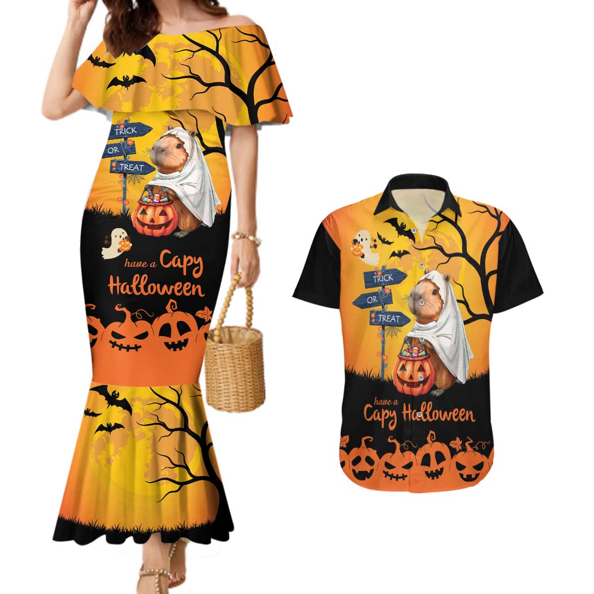 Happy Capy-Boo-Ra Couples Matching Mermaid Dress and Hawaiian Shirt Capybara Ghost Trick or Treat LT9 - Wonder Print Shop