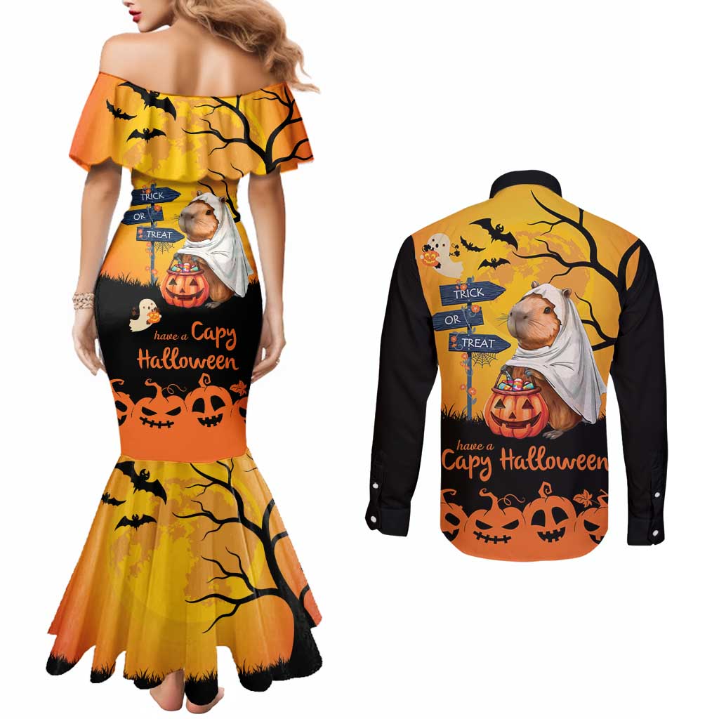 Happy Capy-Boo-Ra Couples Matching Mermaid Dress and Long Sleeve Button Shirt Capybara Ghost Trick or Treat
