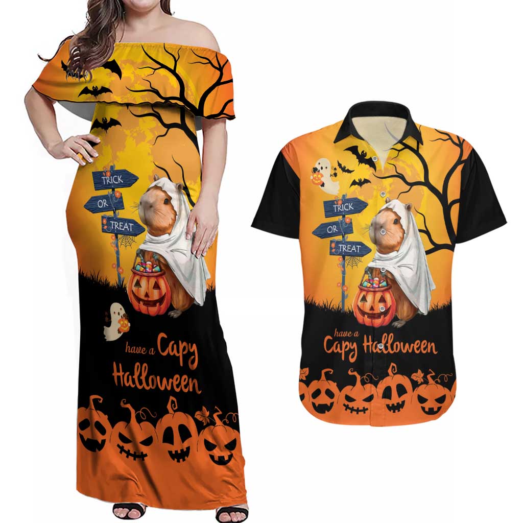 Happy Capy-Boo-Ra Couples Matching Off Shoulder Maxi Dress and Hawaiian Shirt Capybara Ghost Trick or Treat LT9 - Wonder Print Shop