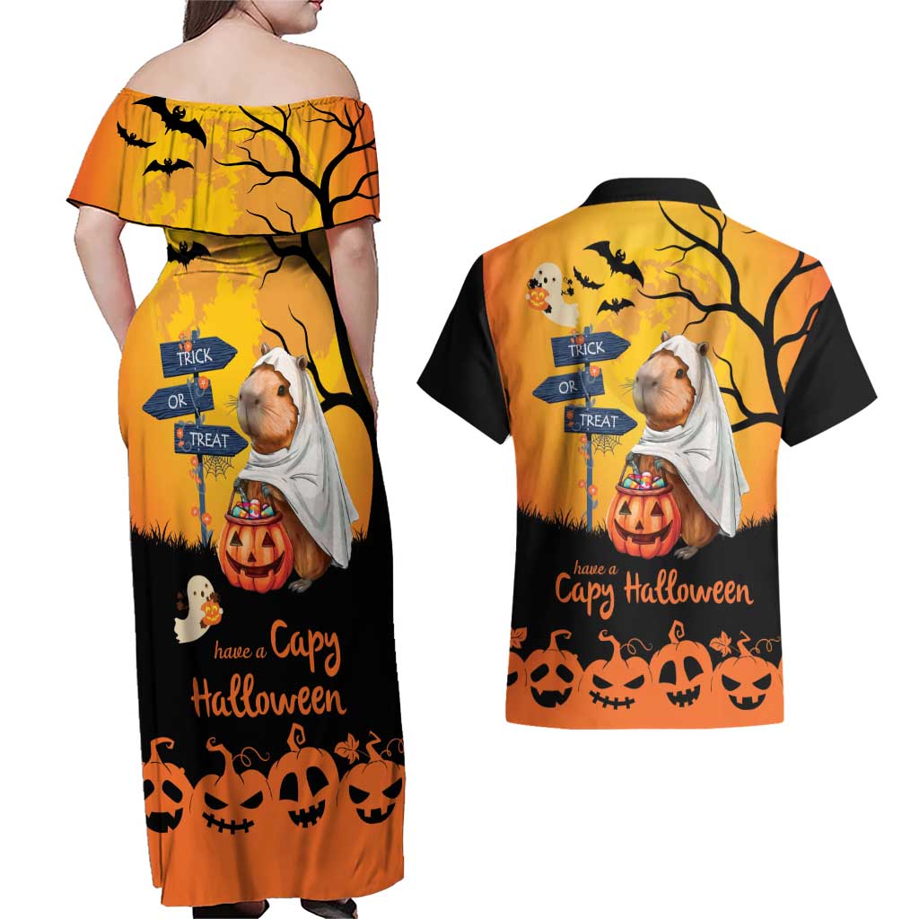 Happy Capy-Boo-Ra Couples Matching Off Shoulder Maxi Dress and Hawaiian Shirt Capybara Ghost Trick or Treat LT9 - Wonder Print Shop