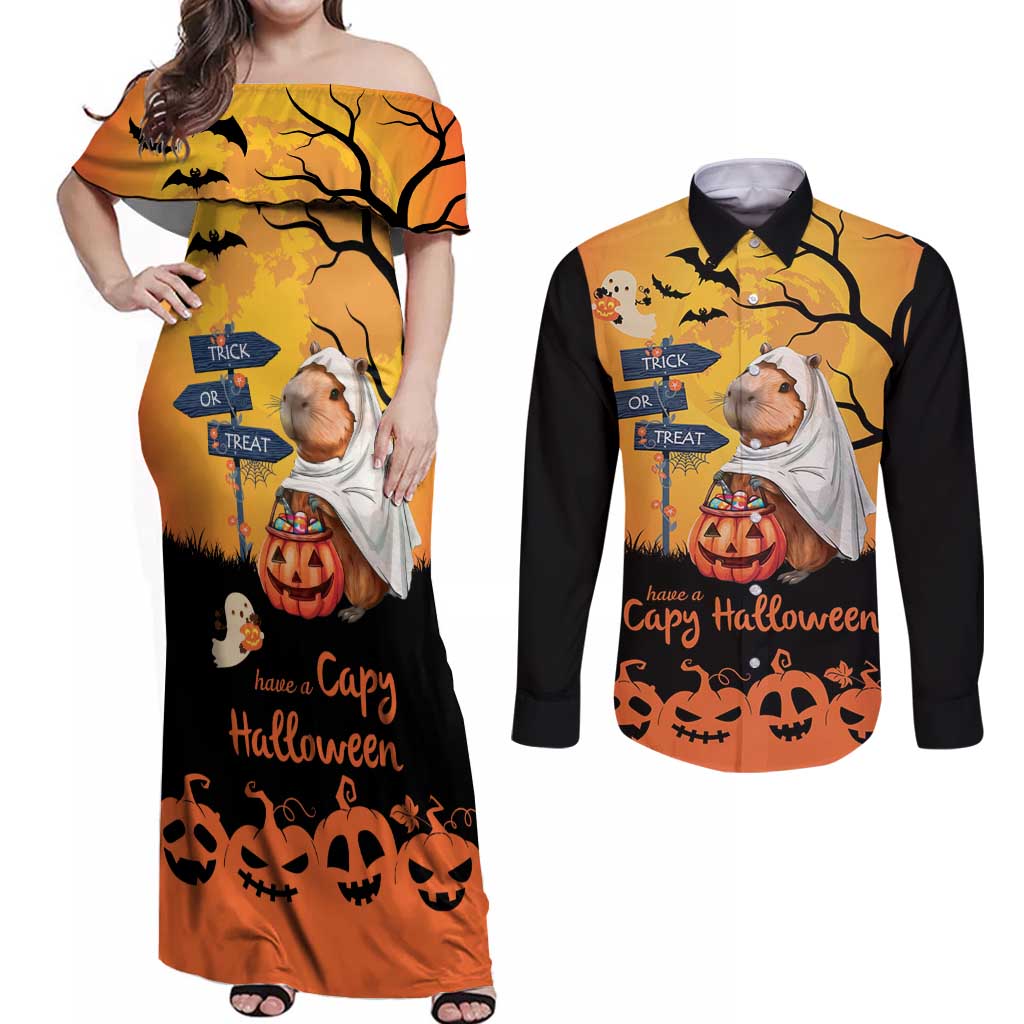 Happy Capy-Boo-Ra Couples Matching Off Shoulder Maxi Dress and Long Sleeve Button Shirt Capybara Ghost Trick or Treat LT9 - Wonder Print Shop