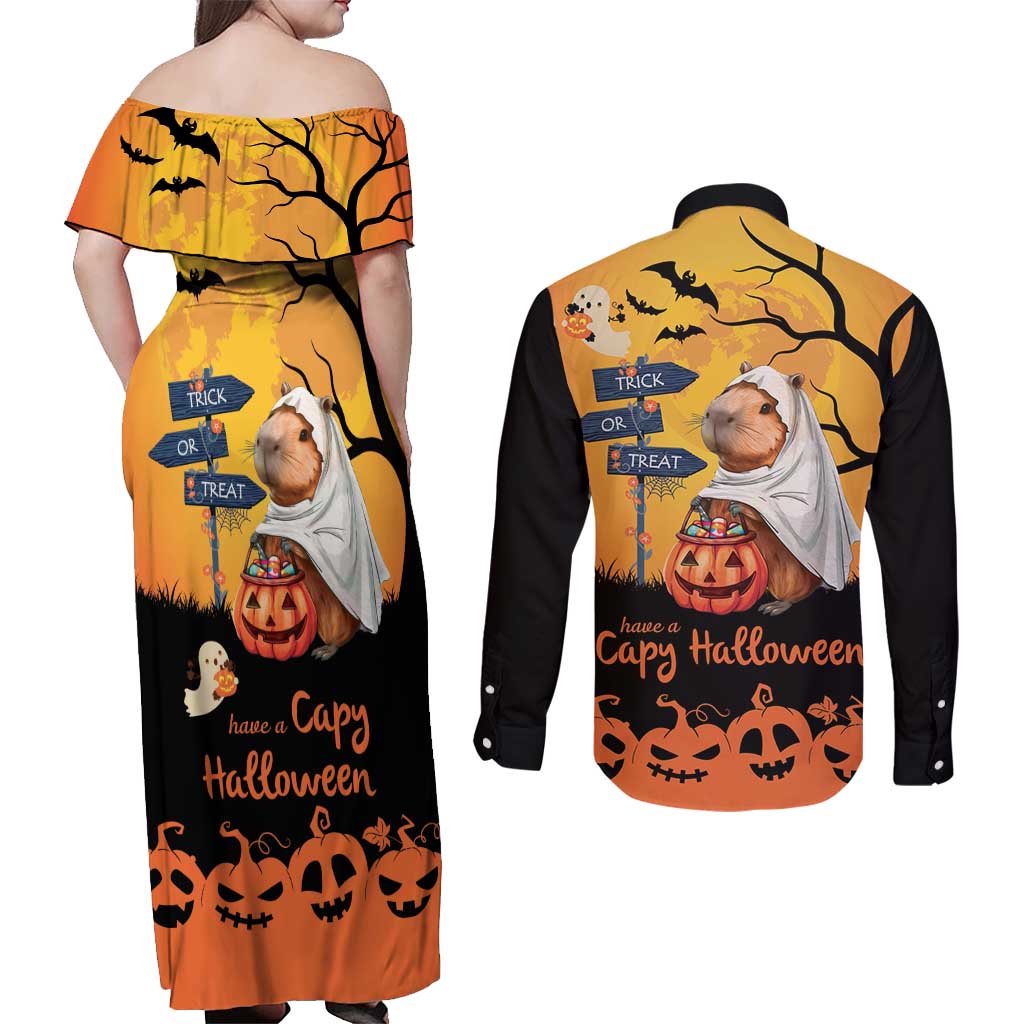 Happy Capy-Boo-Ra Couples Matching Off Shoulder Maxi Dress and Long Sleeve Button Shirt Capybara Ghost Trick or Treat LT9 - Wonder Print Shop