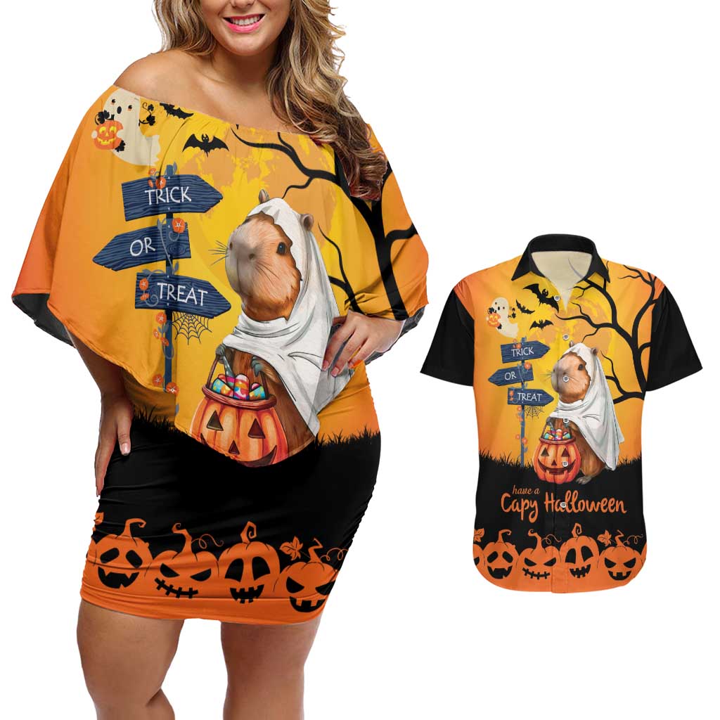 Happy Capy-Boo-Ra Couples Matching Off Shoulder Short Dress and Hawaiian Shirt Capybara Ghost Trick or Treat LT9 - Wonder Print Shop