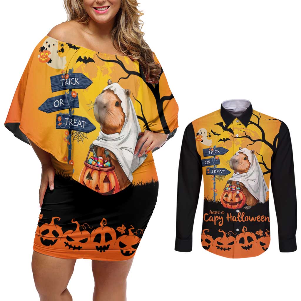 Happy Capy-Boo-Ra Couples Matching Off Shoulder Short Dress and Long Sleeve Button Shirt Capybara Ghost Trick or Treat LT9 - Wonder Print Shop