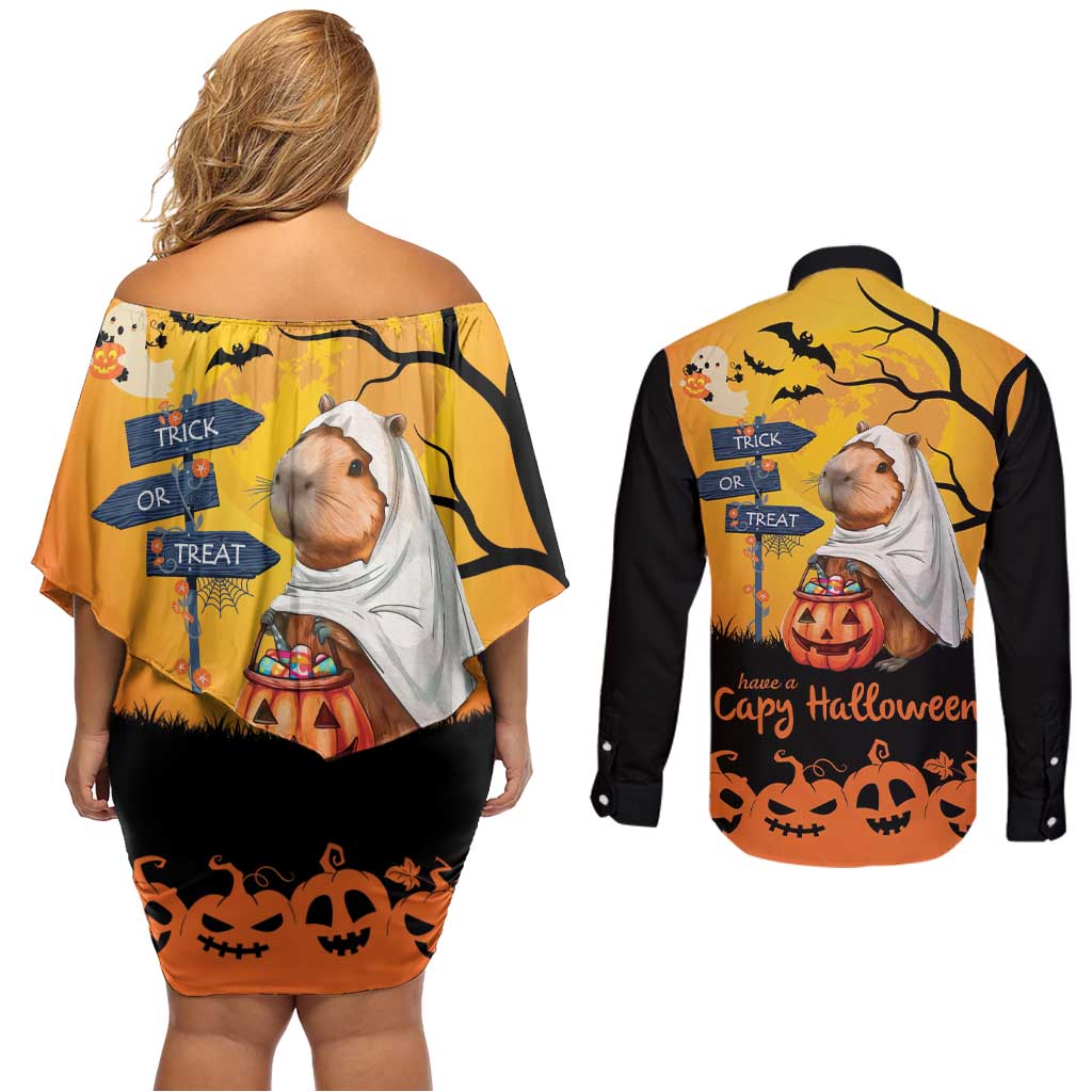 Happy Capy-Boo-Ra Couples Matching Off Shoulder Short Dress and Long Sleeve Button Shirt Capybara Ghost Trick or Treat LT9 - Wonder Print Shop