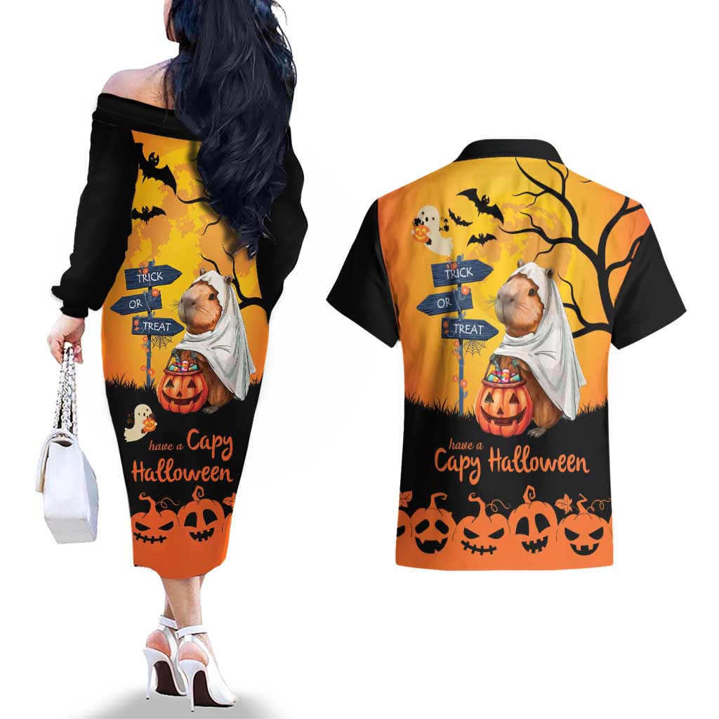 Happy Capy-Boo-Ra Couples Matching Off The Shoulder Long Sleeve Dress and Hawaiian Shirt Capybara Ghost Trick or Treat LT9 - Wonder Print Shop