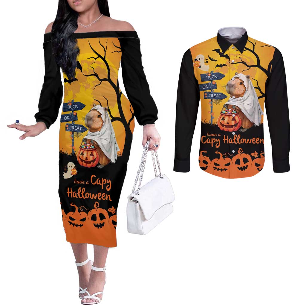 Happy Capy-Boo-Ra Couples Matching Off The Shoulder Long Sleeve Dress and Long Sleeve Button Shirt Capybara Ghost Trick or Treat