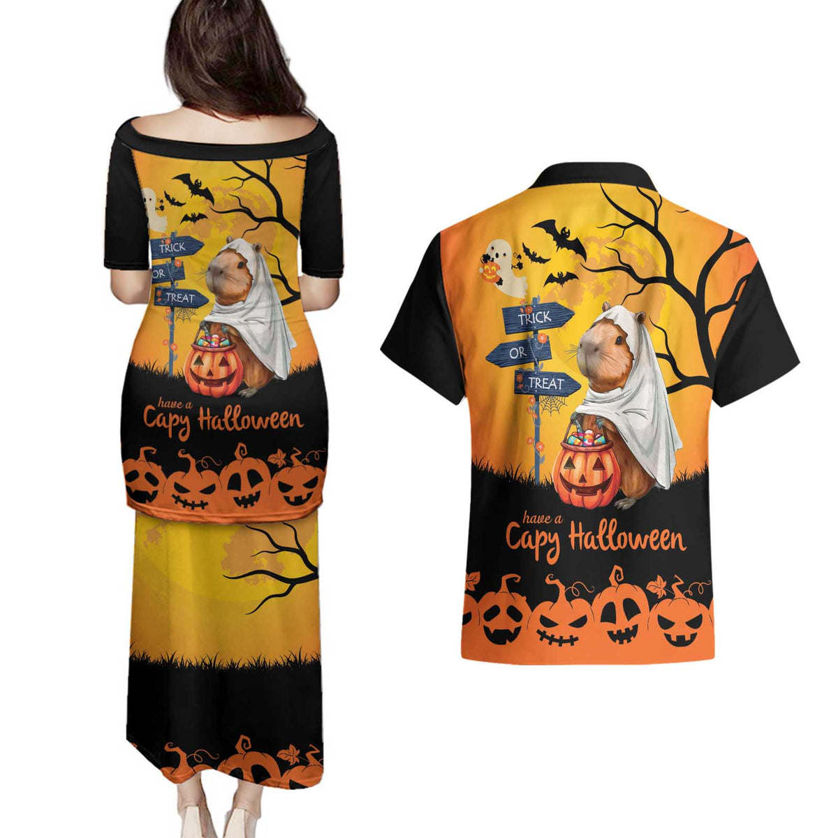 Happy Capy-Boo-Ra Couples Matching Puletasi and Hawaiian Shirt Capybara Ghost Trick or Treat LT9 - Wonder Print Shop