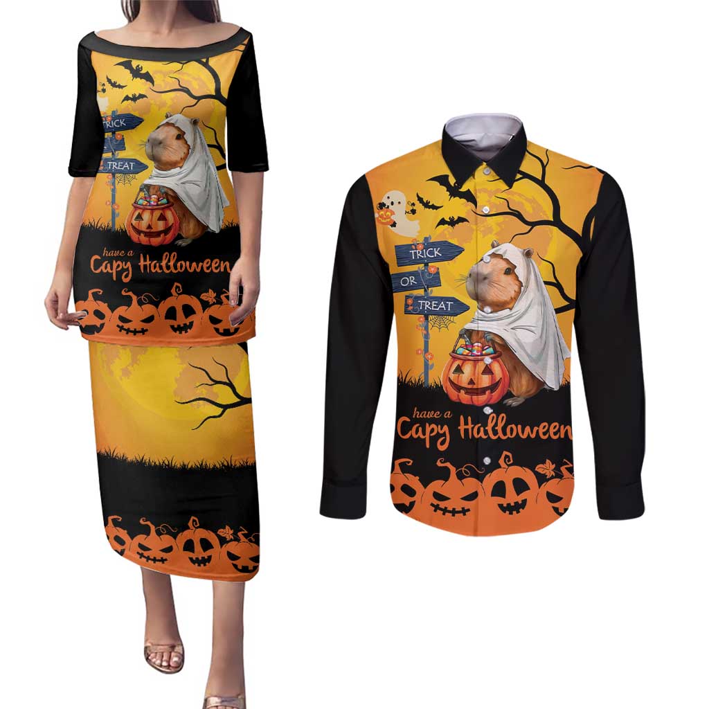 Happy Capy-Boo-Ra Couples Matching Puletasi and Long Sleeve Button Shirt Capybara Ghost Trick or Treat LT9 - Wonder Print Shop