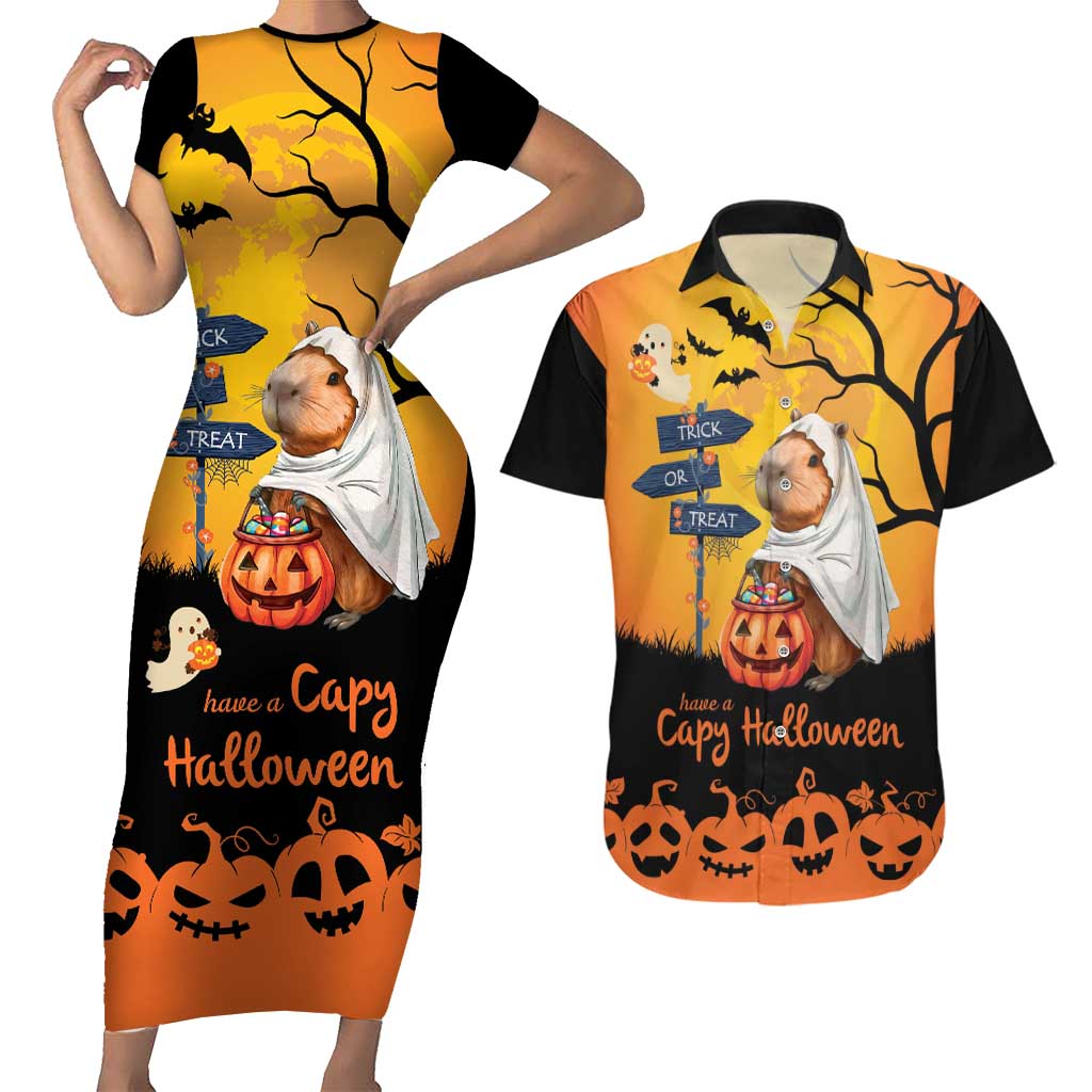 Happy Capy-Boo-Ra Couples Matching Short Sleeve Bodycon Dress and Hawaiian Shirt Capybara Ghost Trick or Treat LT9 - Wonder Print Shop