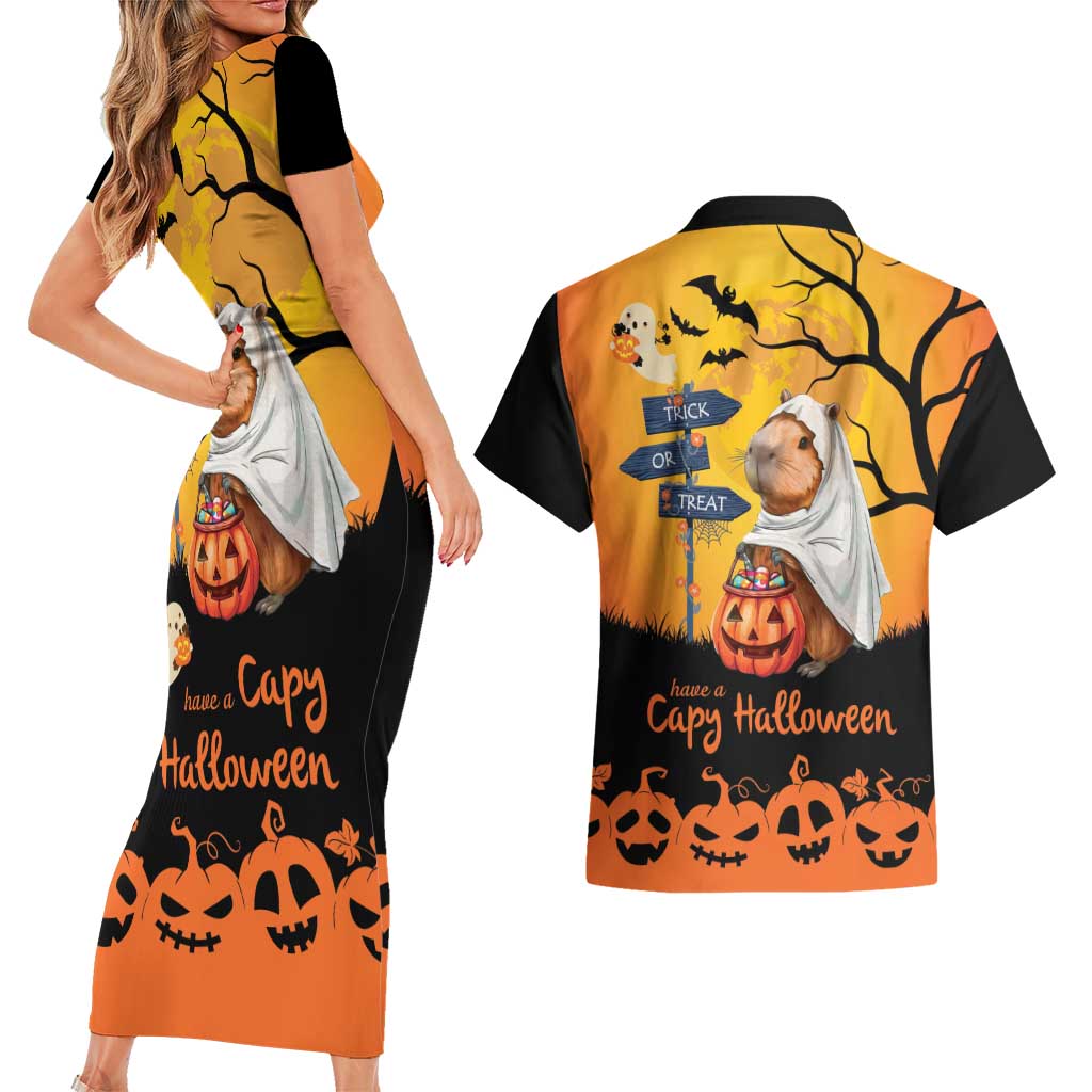Happy Capy-Boo-Ra Couples Matching Short Sleeve Bodycon Dress and Hawaiian Shirt Capybara Ghost Trick or Treat LT9 - Wonder Print Shop