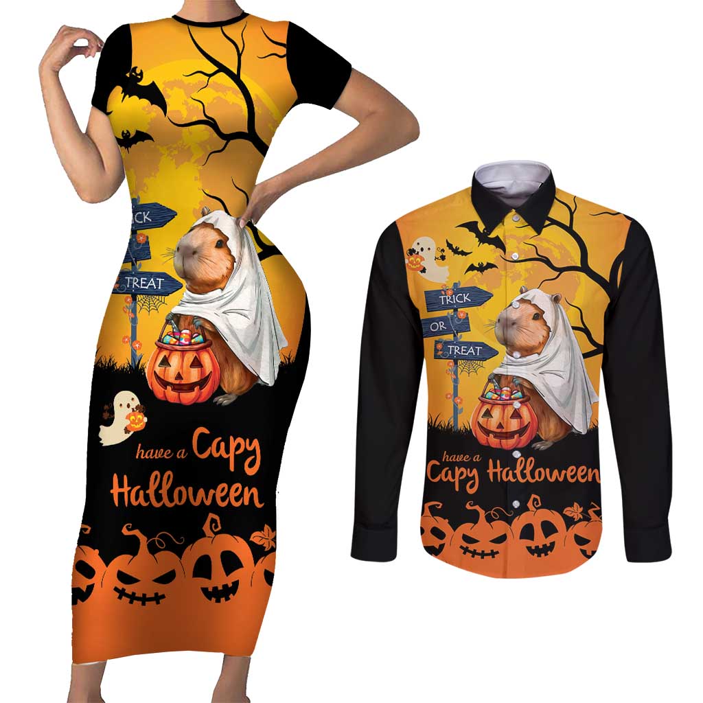 Happy Capy-Boo-Ra Couples Matching Short Sleeve Bodycon Dress and Long Sleeve Button Shirt Capybara Ghost Trick or Treat LT9 - Wonder Print Shop