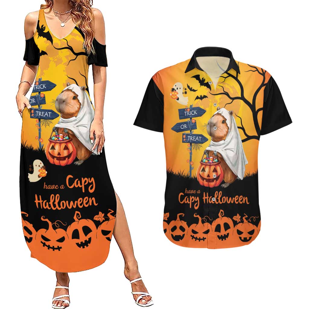 Happy Capy-Boo-Ra Couples Matching Summer Maxi Dress and Hawaiian Shirt Capybara Ghost Trick or Treat LT9 - Wonder Print Shop