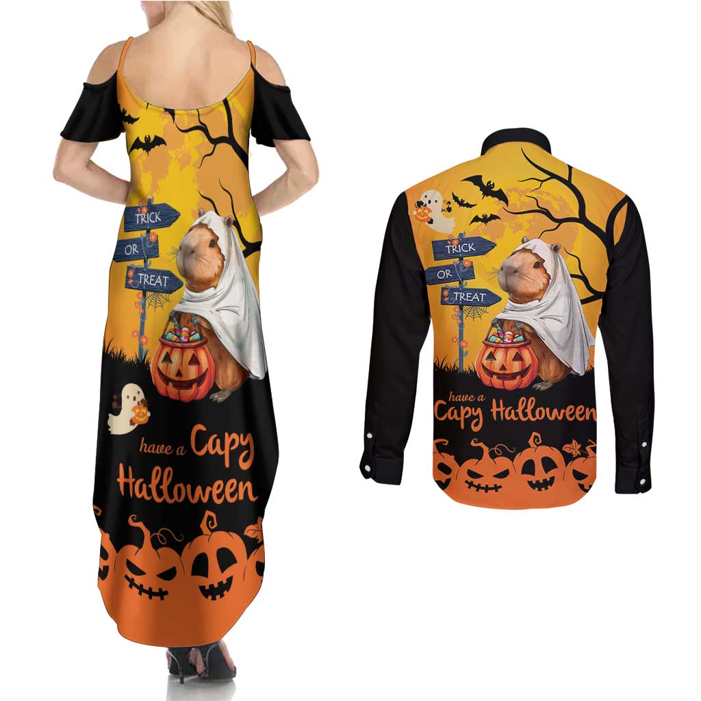 Happy Capy-Boo-Ra Couples Matching Summer Maxi Dress and Long Sleeve Button Shirt Capybara Ghost Trick or Treat LT9 - Wonder Print Shop