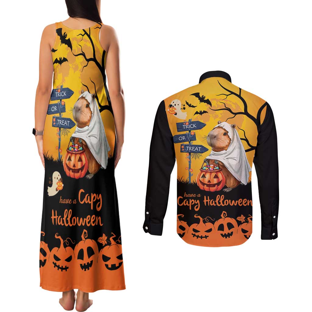 Happy Capy-Boo-Ra Couples Matching Tank Maxi Dress and Long Sleeve Button Shirt Capybara Ghost Trick or Treat LT9 - Wonder Print Shop