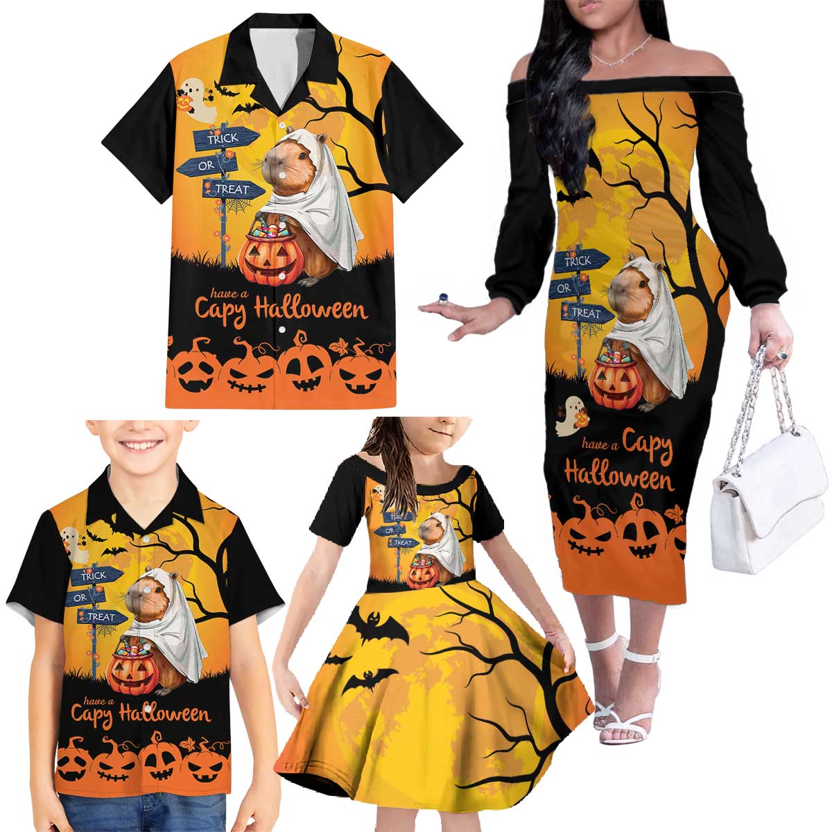 Happy Capy-Boo-Ra Family Matching Off The Shoulder Long Sleeve Dress and Hawaiian Shirt Capybara Ghost Trick or Treat - Wonder Print Shop