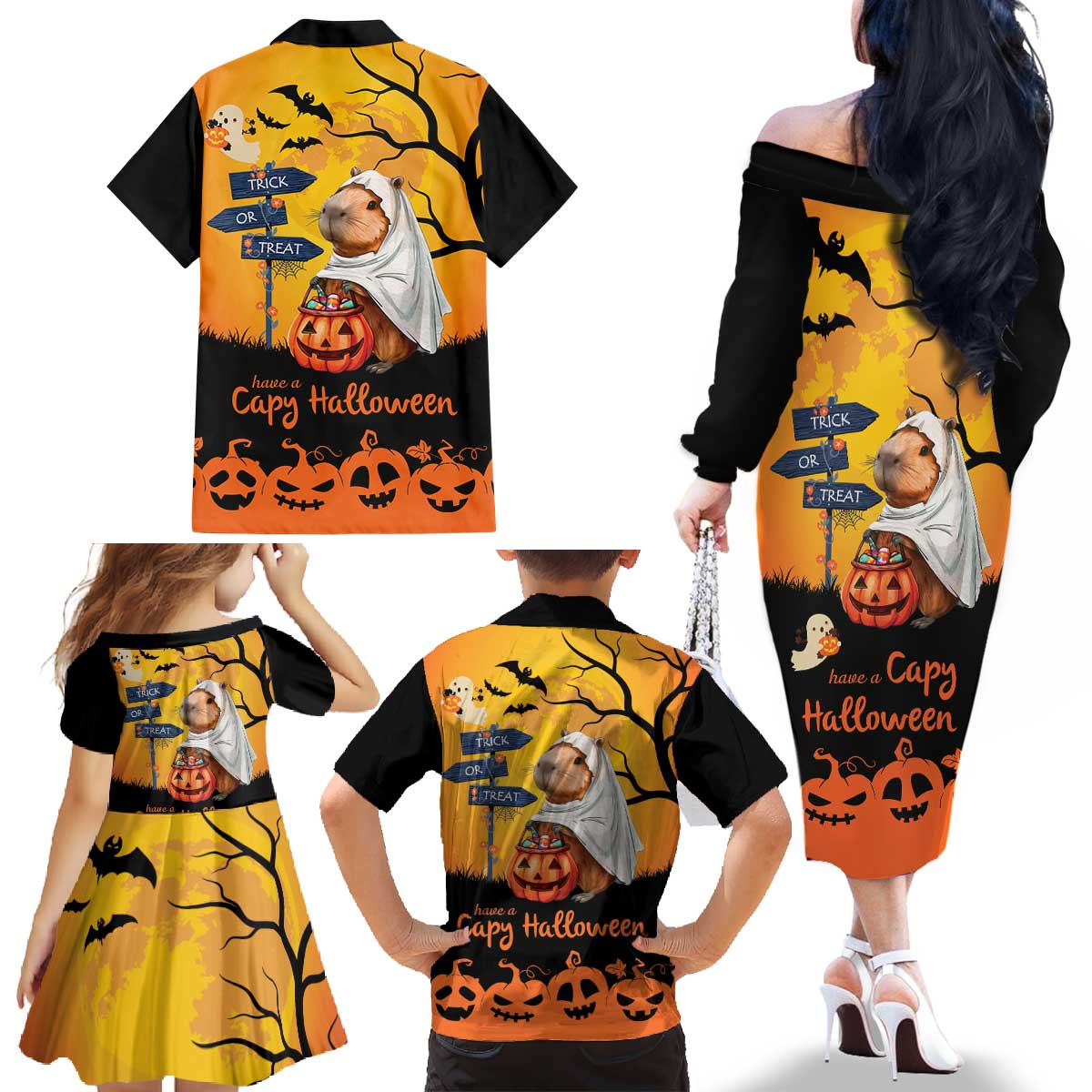Happy Capy-Boo-Ra Family Matching Off The Shoulder Long Sleeve Dress and Hawaiian Shirt Capybara Ghost Trick or Treat - Wonder Print Shop