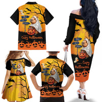 Happy Capy-Boo-Ra Family Matching Off The Shoulder Long Sleeve Dress and Hawaiian Shirt Capybara Ghost Trick or Treat - Wonder Print Shop