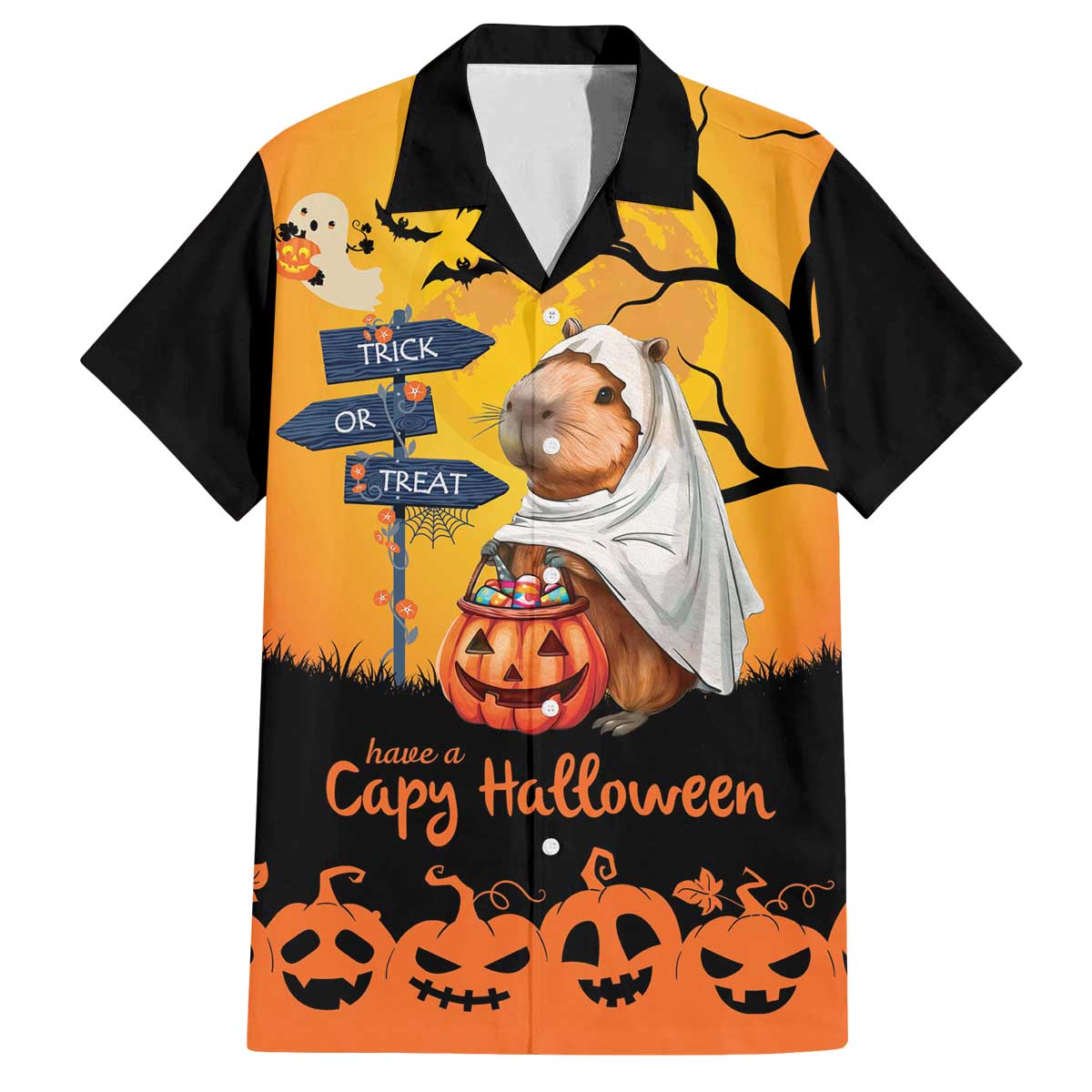 Happy Capy-Boo-Ra Family Matching Off The Shoulder Long Sleeve Dress and Hawaiian Shirt Capybara Ghost Trick or Treat - Wonder Print Shop