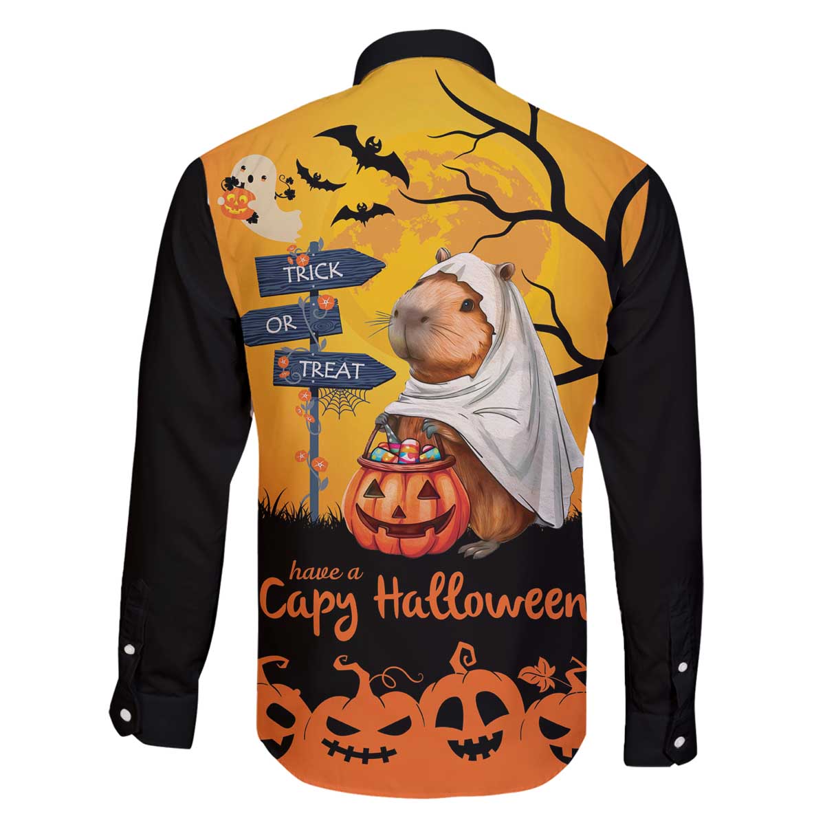 Happy Capy-Boo-Ra Family Matching Off The Shoulder Long Sleeve Dress and Hawaiian Shirt Capybara Ghost Trick or Treat - Wonder Print Shop