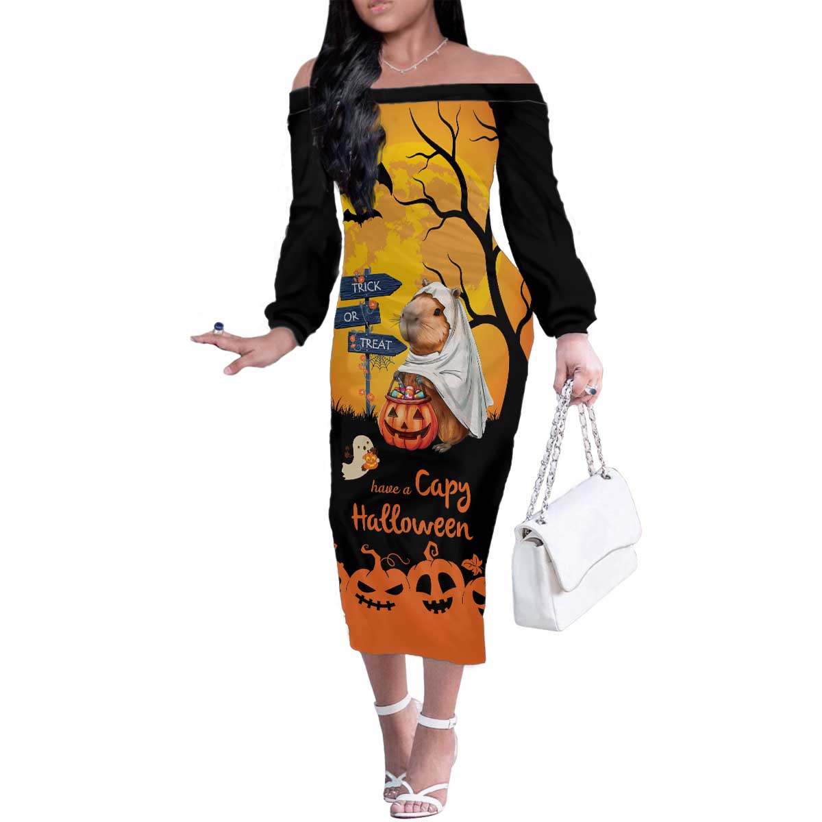 Happy Capy-Boo-Ra Family Matching Off The Shoulder Long Sleeve Dress and Hawaiian Shirt Capybara Ghost Trick or Treat - Wonder Print Shop