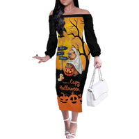 Happy Capy-Boo-Ra Family Matching Off The Shoulder Long Sleeve Dress and Hawaiian Shirt Capybara Ghost Trick or Treat - Wonder Print Shop