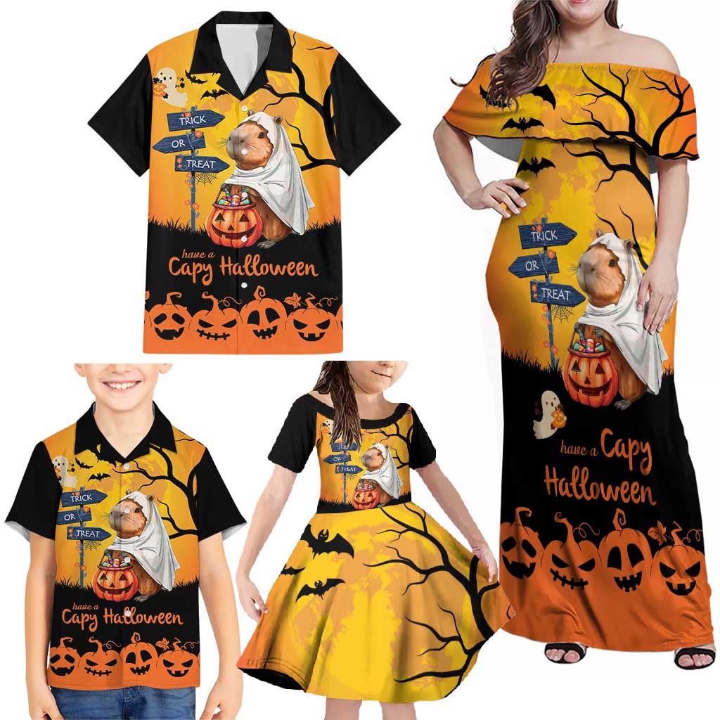 Happy Capy-Boo-Ra Family Matching Off Shoulder Maxi Dress and Hawaiian Shirt Capybara Ghost Trick or Treat LT9 - Wonder Print Shop