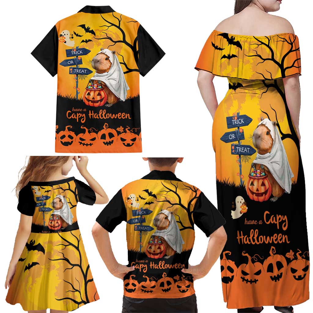 Happy Capy-Boo-Ra Family Matching Off Shoulder Maxi Dress and Hawaiian Shirt Capybara Ghost Trick or Treat LT9 - Wonder Print Shop