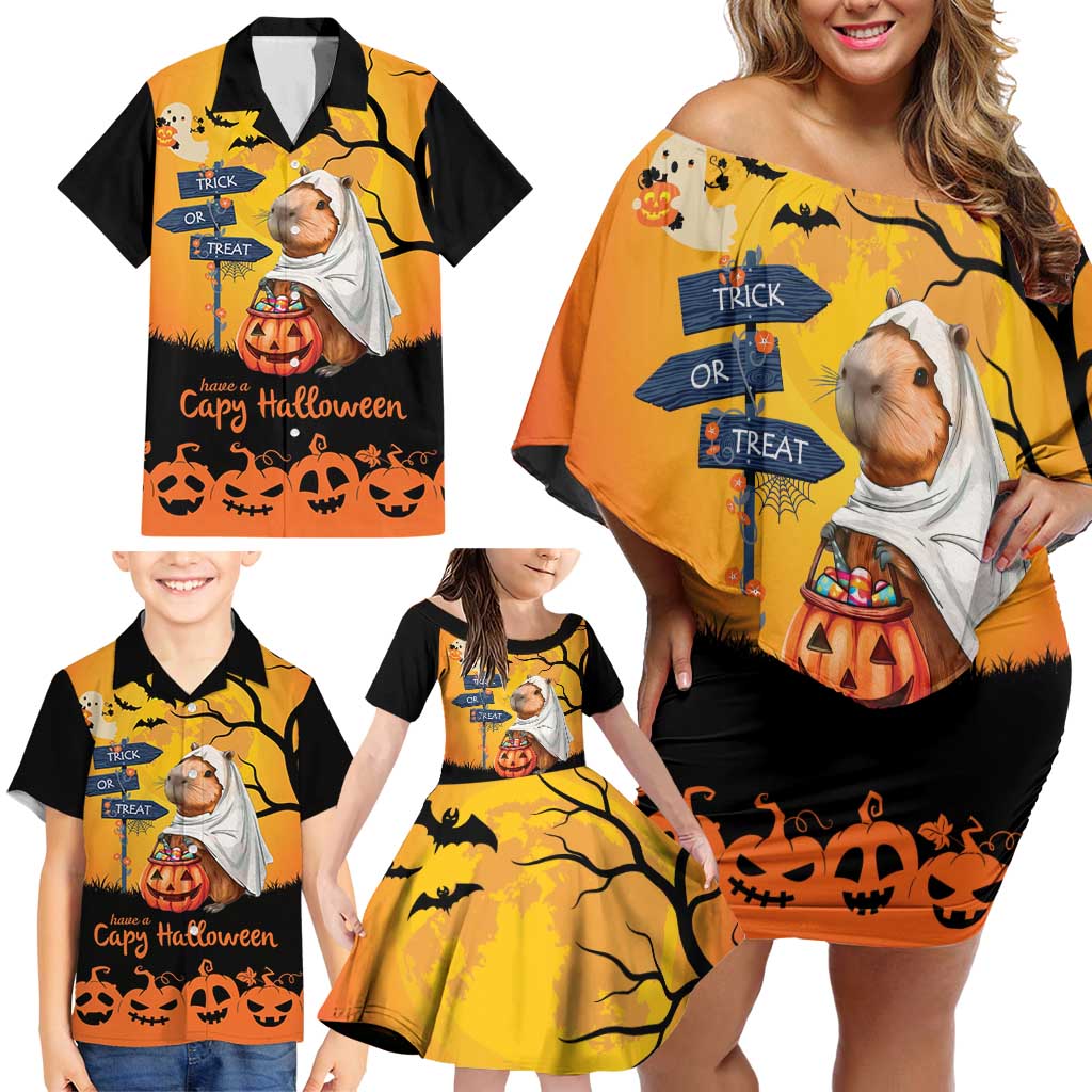 Happy Capy-Boo-Ra Family Matching Off Shoulder Short Dress and Hawaiian Shirt Capybara Ghost Trick or Treat LT9 - Wonder Print Shop