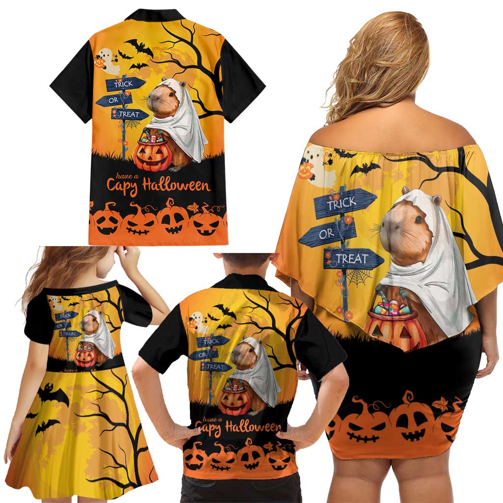 Happy Capy-Boo-Ra Family Matching Off Shoulder Short Dress and Hawaiian Shirt Capybara Ghost Trick or Treat LT9 - Wonder Print Shop