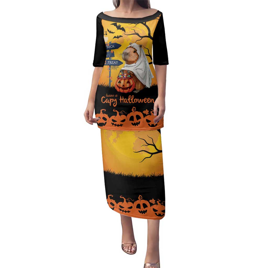 Happy Capy-Boo-Ra Family Matching Puletasi and Hawaiian Shirt Capybara Ghost Trick or Treat - Wonder Print Shop