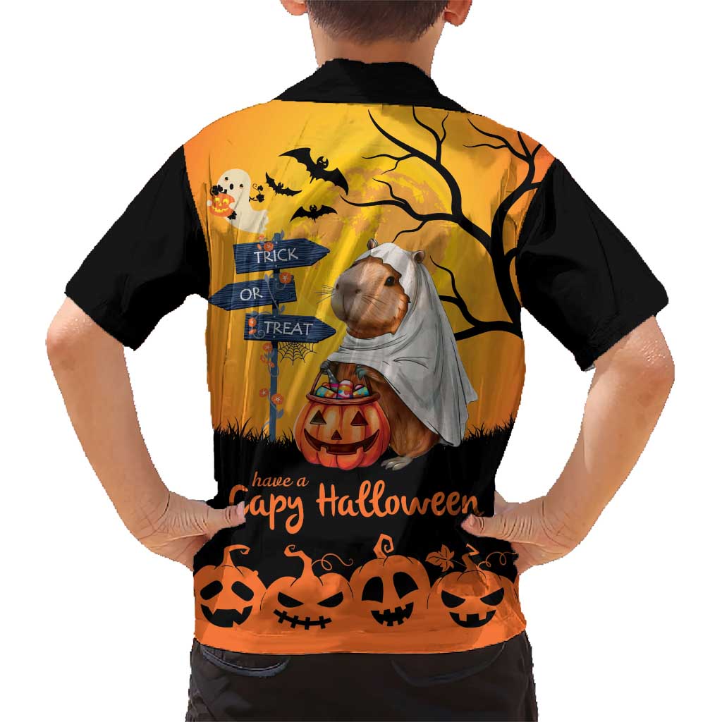 Happy Capy-Boo-Ra Family Matching Short Sleeve Bodycon Dress and Hawaiian Shirt Capybara Ghost Trick or Treat - Wonder Print Shop