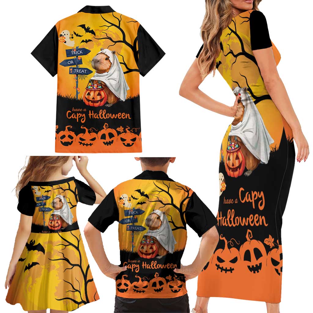Happy Capy-Boo-Ra Family Matching Short Sleeve Bodycon Dress and Hawaiian Shirt Capybara Ghost Trick or Treat - Wonder Print Shop