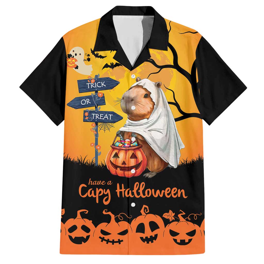 Happy Capy-Boo-Ra Family Matching Short Sleeve Bodycon Dress and Hawaiian Shirt Capybara Ghost Trick or Treat - Wonder Print Shop