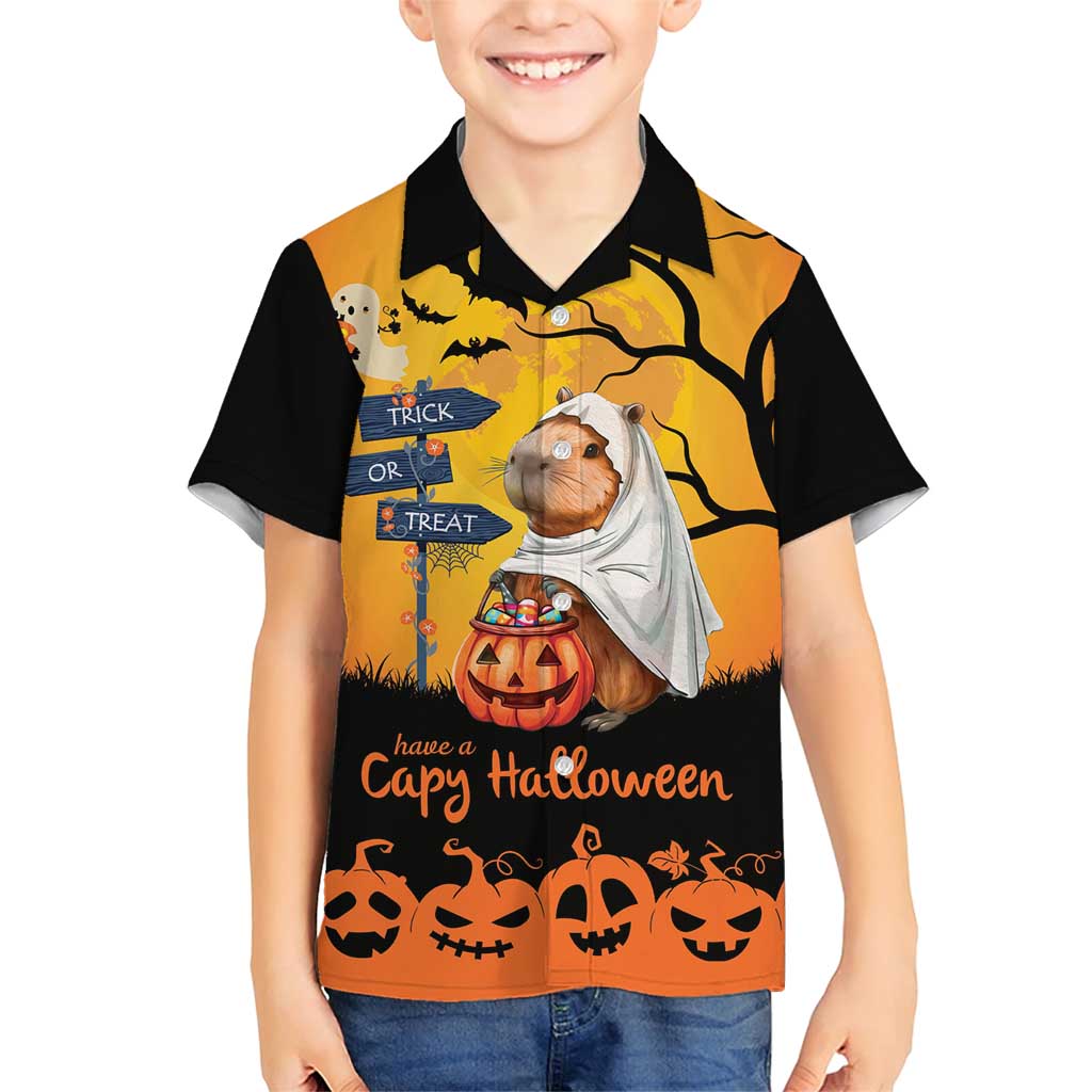 Happy Capy-Boo-Ra Family Matching Short Sleeve Bodycon Dress and Hawaiian Shirt Capybara Ghost Trick or Treat - Wonder Print Shop