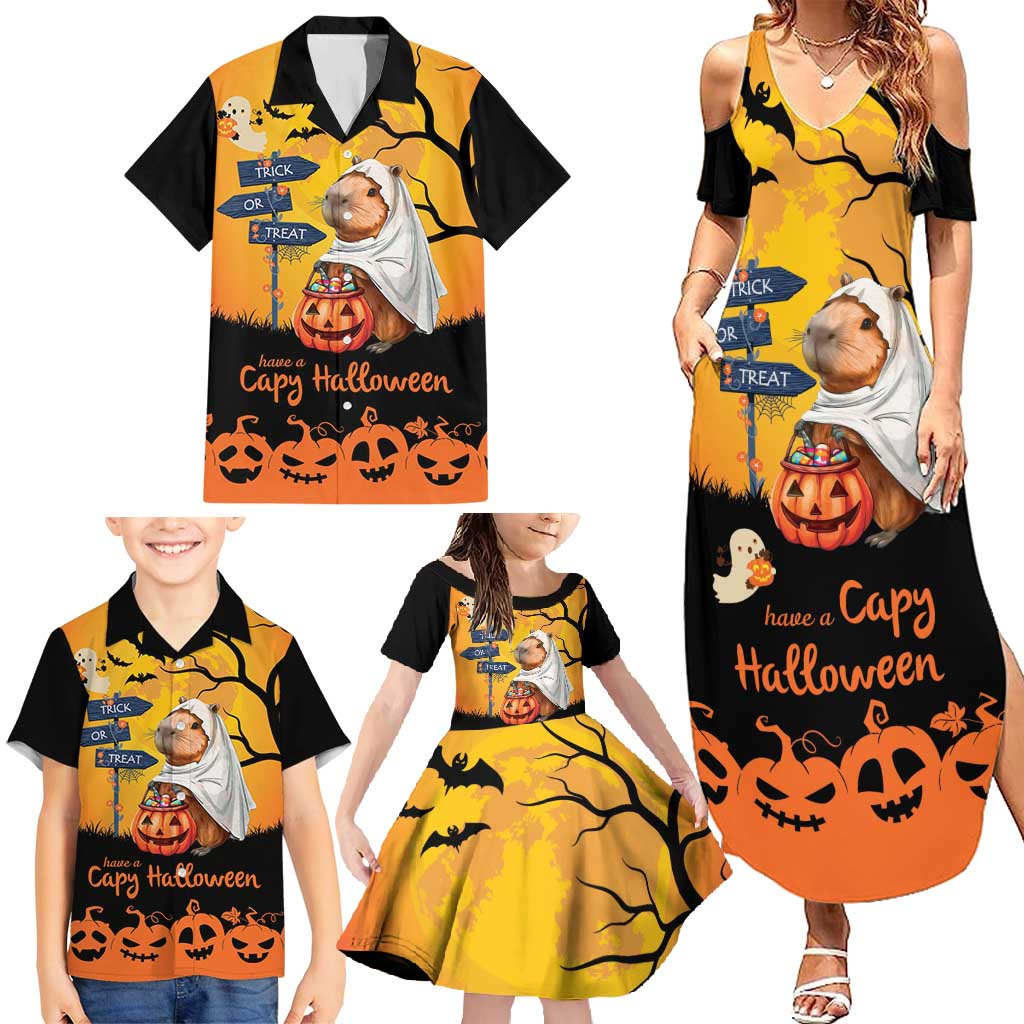 Happy Capy-Boo-Ra Family Matching Summer Maxi Dress and Hawaiian Shirt Capybara Ghost Trick or Treat - Wonder Print Shop