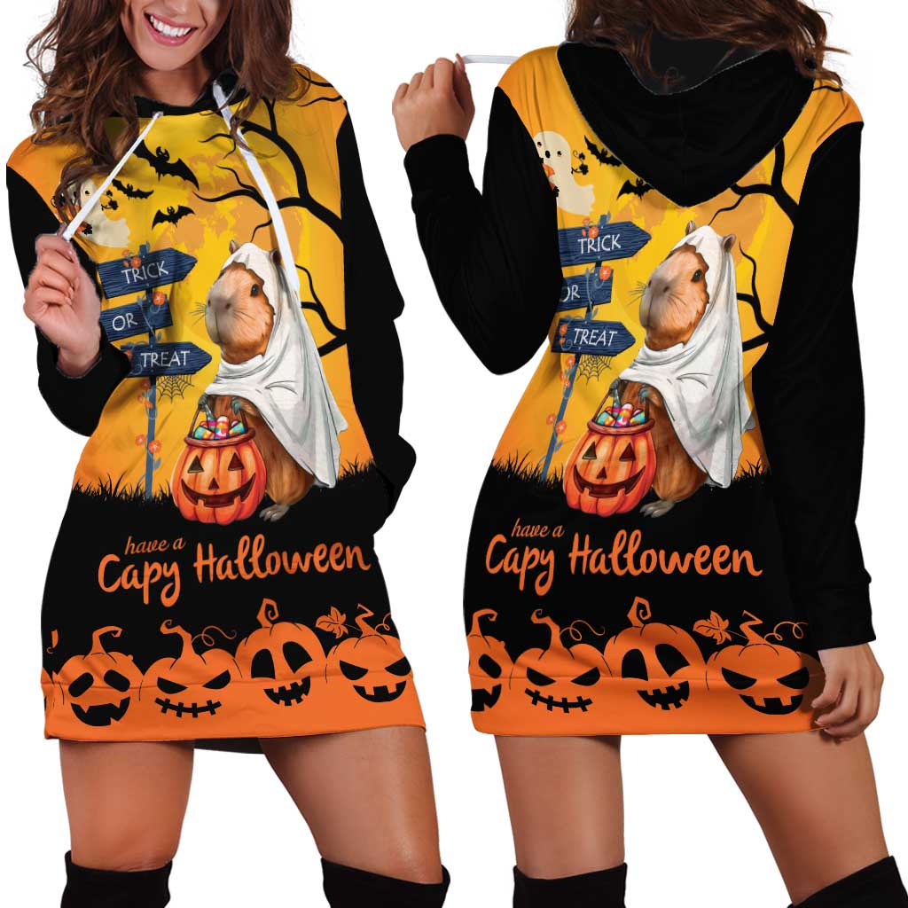 Happy Capy-Boo-Ra Hoodie Dress Capybara Ghost Trick or Treat - Wonder Print Shop